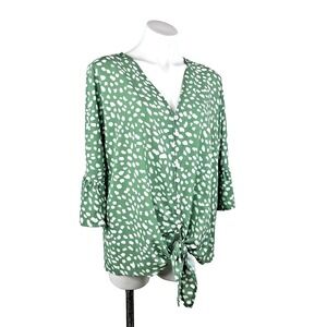 Kancystore XL Blouse Green White Button Down Tie Knot 3/4 Bell Sleeve V Neck